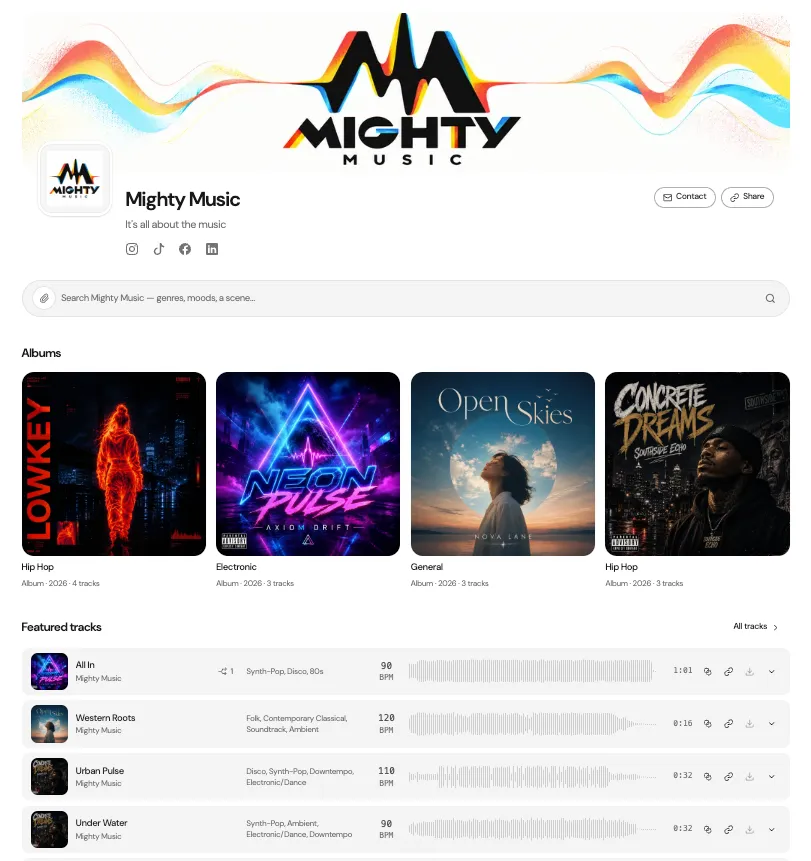 Screenshot of a branded FSTRX storefront with a banner, logo, albums and featured tracks