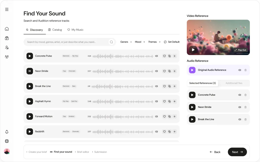Screenshot of Find Your Sound: matching tracks auditioned against the project’s video